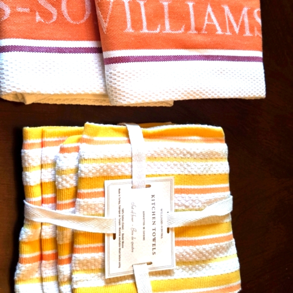 4 NWT WILLIAMS SONOMA Kitchen Towels 2 Classic Yellow Stripe & 2 WS Logo $28